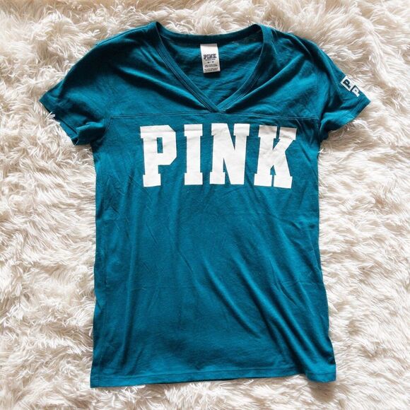 Victoria's Secret PINK teal and white V-neck t-shirt in excellent condition - Picture 1 of 6